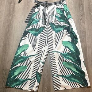 CBR White Wide-Leg Pants with Green Leaf Print and Tie Waist